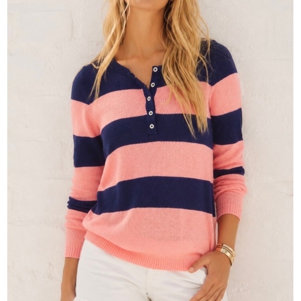 Lilly Pulitzer Pink Navy Blue Striped Henley Knit Sweater XL